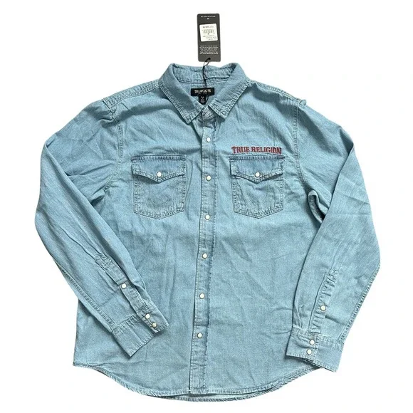 True Religion Denim Light Blue Western Pearl Snap Jean Chambray Mens Shirt Sz M - Picture 5 of 7